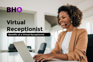 Benefits of a virtual receptionist for your business. Image showing a receptionist and texr over it